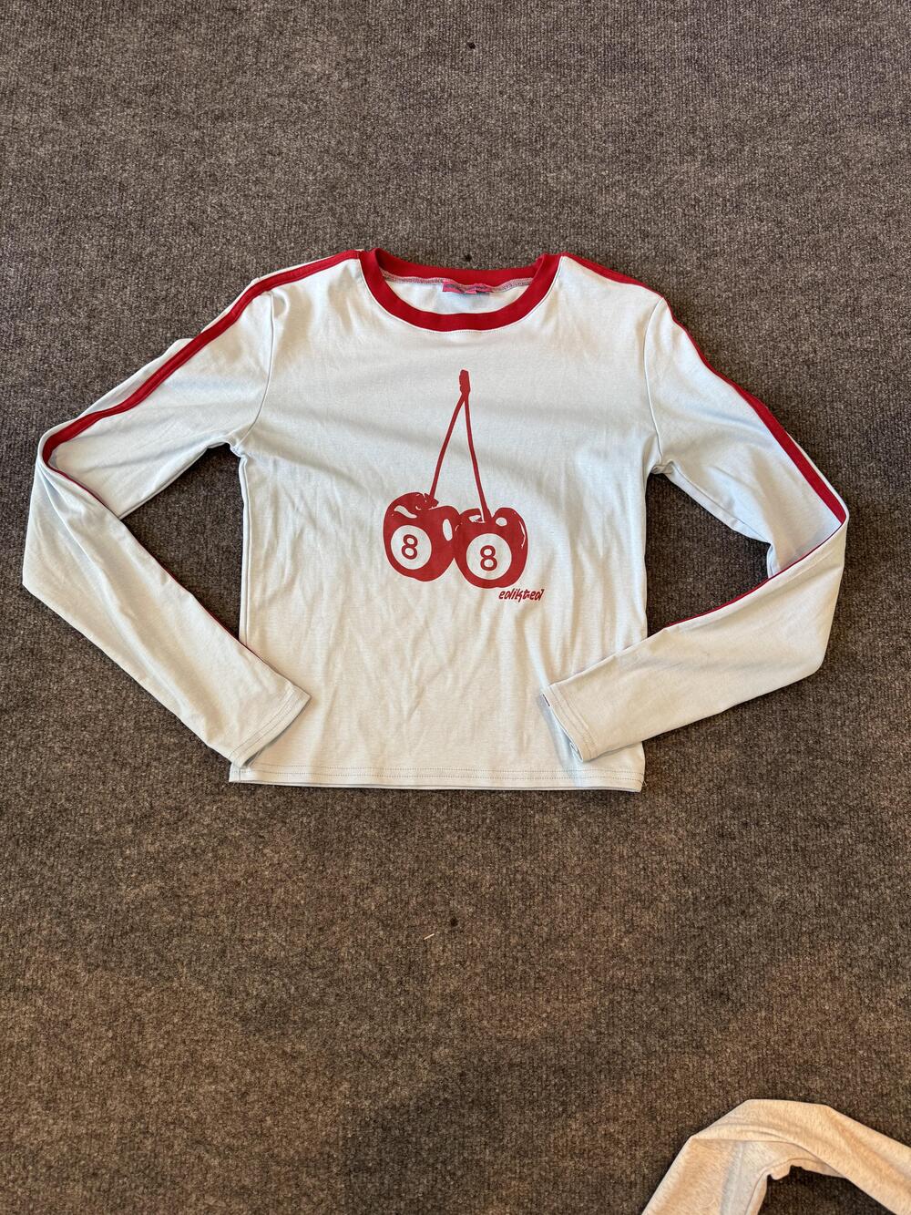 Edikted Shirt Juniors Small White Cherry 8 Ball Long Sleeve Ringer Y2K